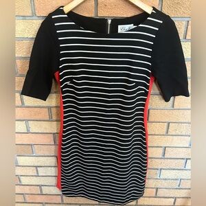 ELIZA J Black & White Striped Short Sleeve Back Zip Jersey Dress Size 4
